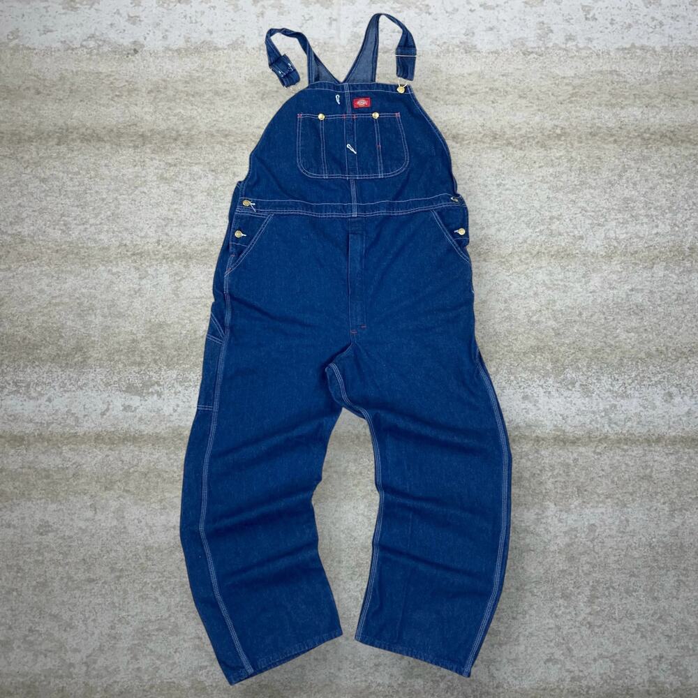 Vintage 90s Dickies Carpenter Overalls 40x30 Baggy Wide Leg Fit Dark Wash Denim